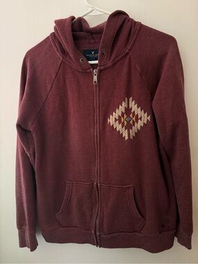 American Eagle Outfitters Maroon Zip Hoodie with Aztec Chest Embroidery